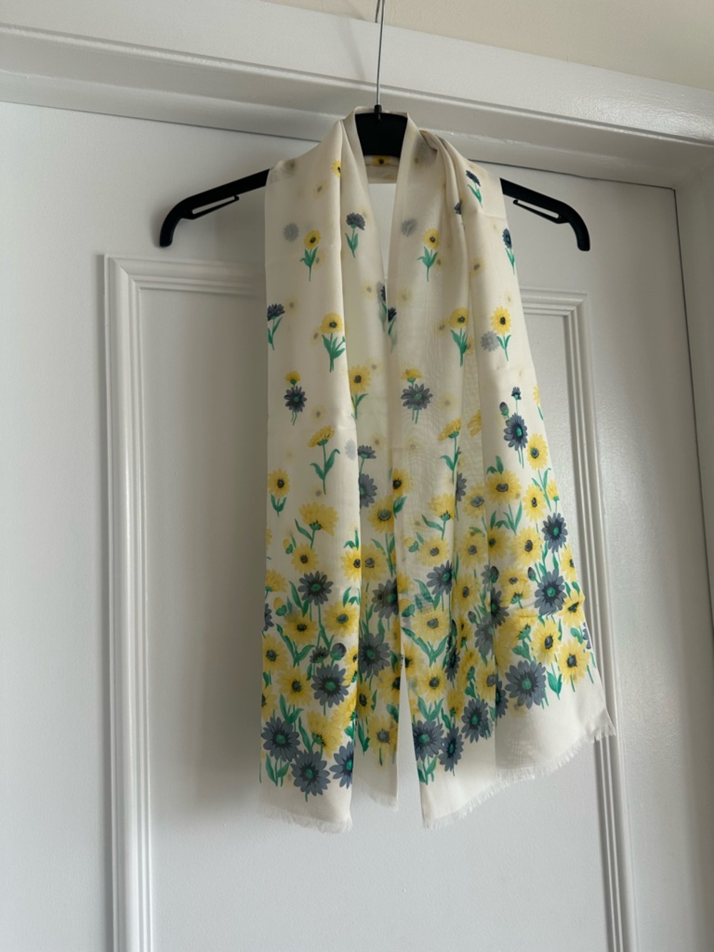 Vintage Floral Print Lightweight 100% Silk Scarf in Cream, Yellow & Green